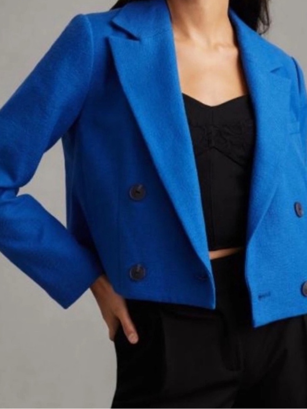 Anthropologie Maeve Cropped Double Breasted Blazer in Royal Blue Sz S PETITE